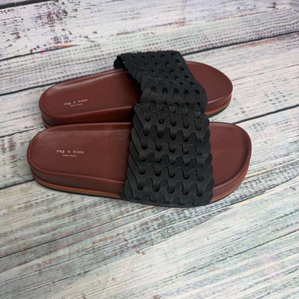 Rag & Bone Womens Size 7 Black Leather Cutout Slide Sandals Brown Footbed